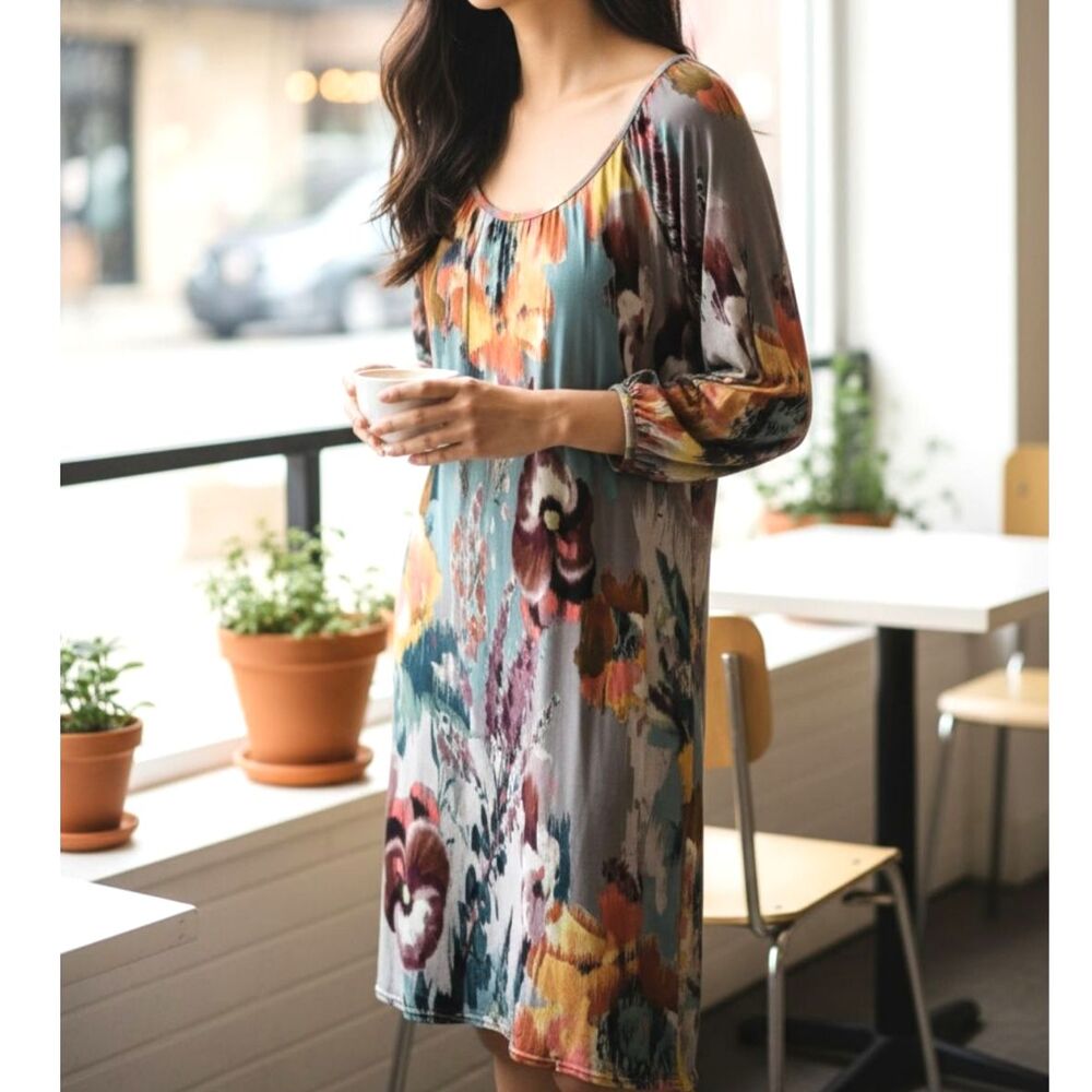 Uncle Frank Watercolor Floral Shift Dress Size S 3/4 Sleeve Made in USA
